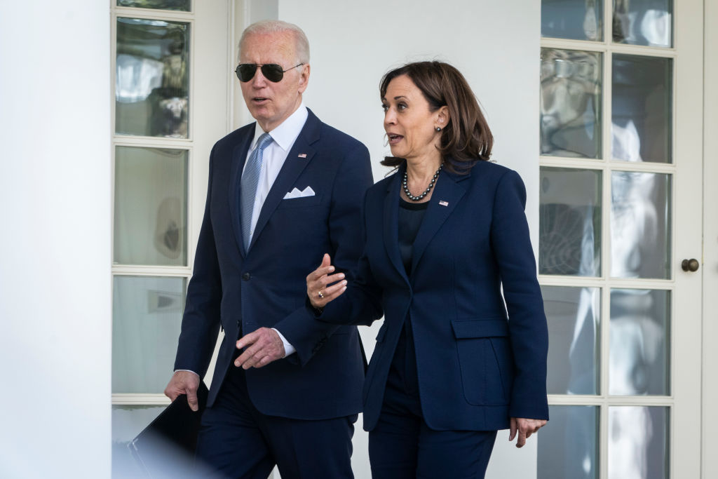 WASHINGTON, DC - APRIL 11: (L-R) U.S. President Joe Biden and Vice President Kamala Harris walk back to the Oval Office after an event about gun violence in the Rose Garden of the White House April 11, 2022 in Washington, DC. Biden announced a new firearm regulation aimed at reining in ghost guns, untraceable, unregulated weapons made from kids. Biden also announced Steve Dettelbach as his nominee to lead the Bureau of Alcohol, Tobacco, Firearms and Explosives (ATF). (Photo by Drew Angerer/Getty Images)
