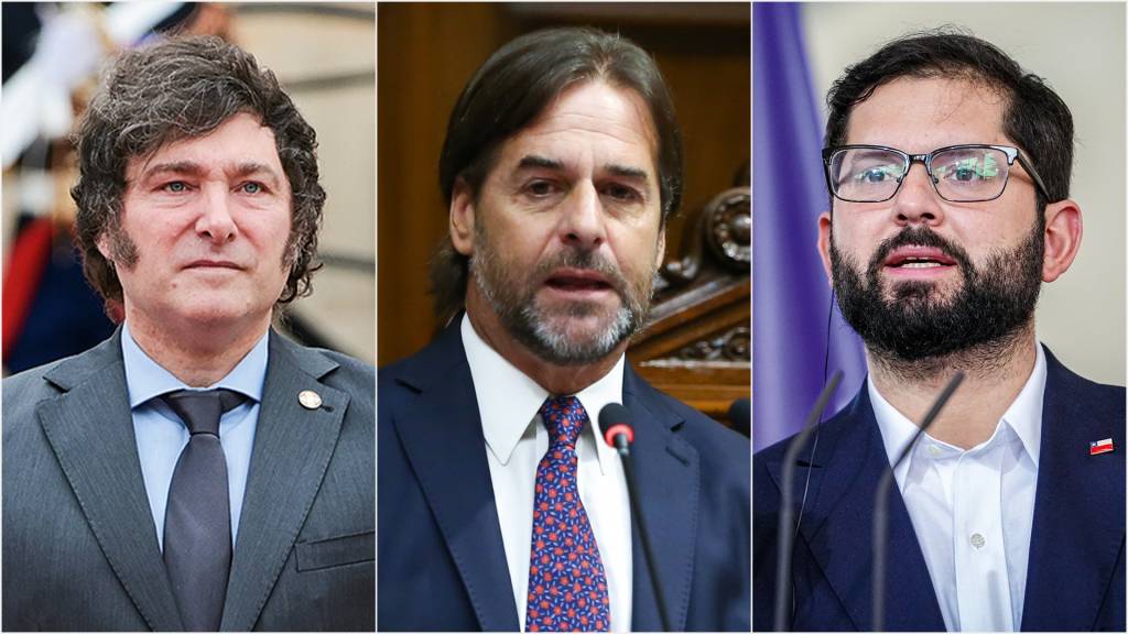GettyImages-2163024491.jpg REJEIÇÃO - Milei, da Argentina, Lacalle Pou, do Uruguai, e Boric, do Chile: condenação internacional veio de todo lado