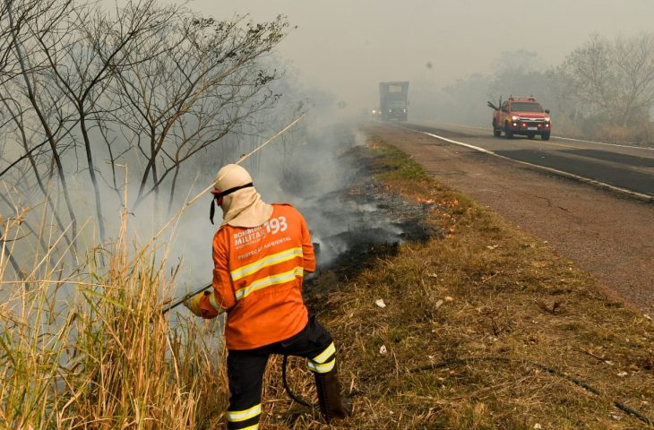 Bombeiro apaga foco de incêndio às margens da BR-262, no trecho entre os municípios de Miranda e Corumbá (MS)