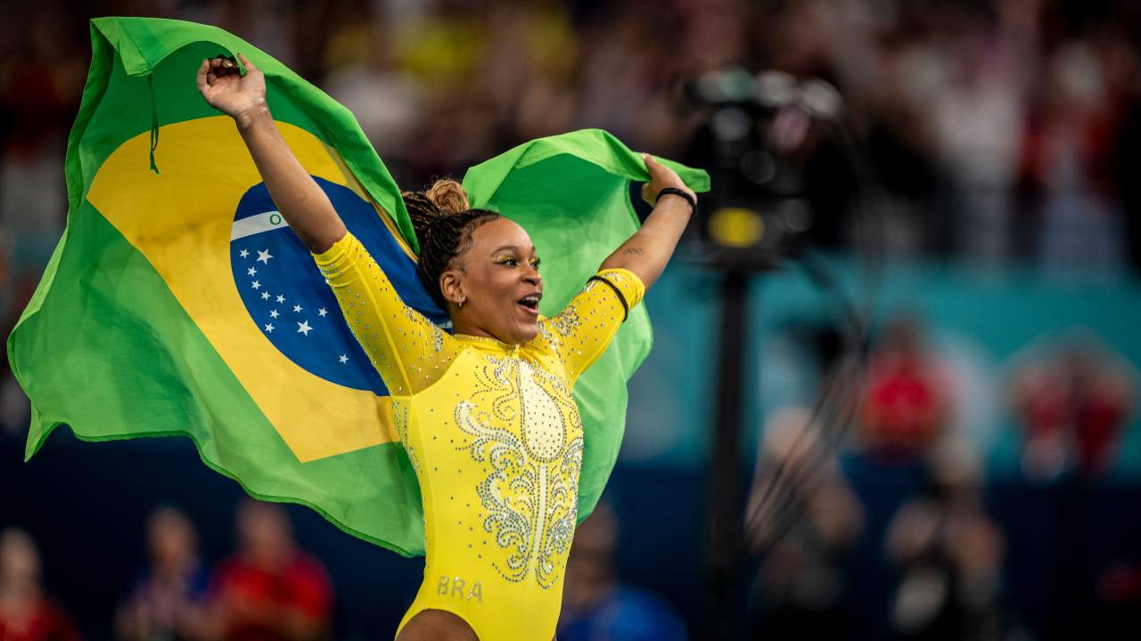 Silver Medalist Rebeca Andrade of Brazil, Gold Medalist Simone Bilesof USA and Bronze Medalist Sunisa Lee of USA with medals after the Women’s All Around Artistic Gymnastics Final during the XXXIII Olympic Games, Paris 2024 at Arena Bercy, Paris, France