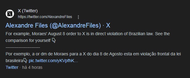 Resultado de busca traz link para perfil Alexandre Files, no X, mas usuários brasileiros não conseguem acessar página -