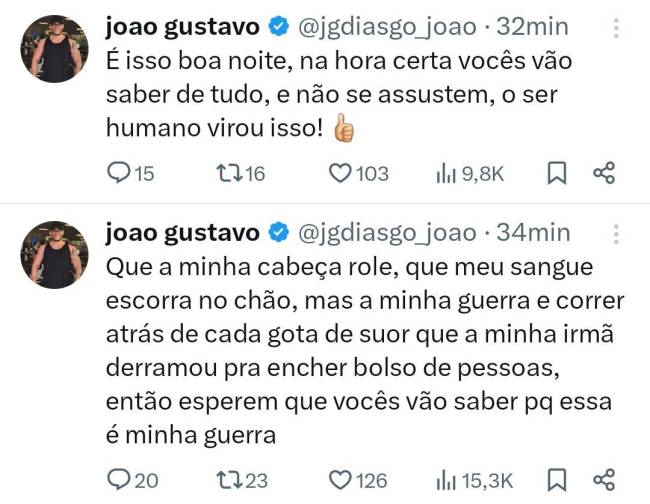 Postagens de João Gustavo, irmão de Marília Mendonça