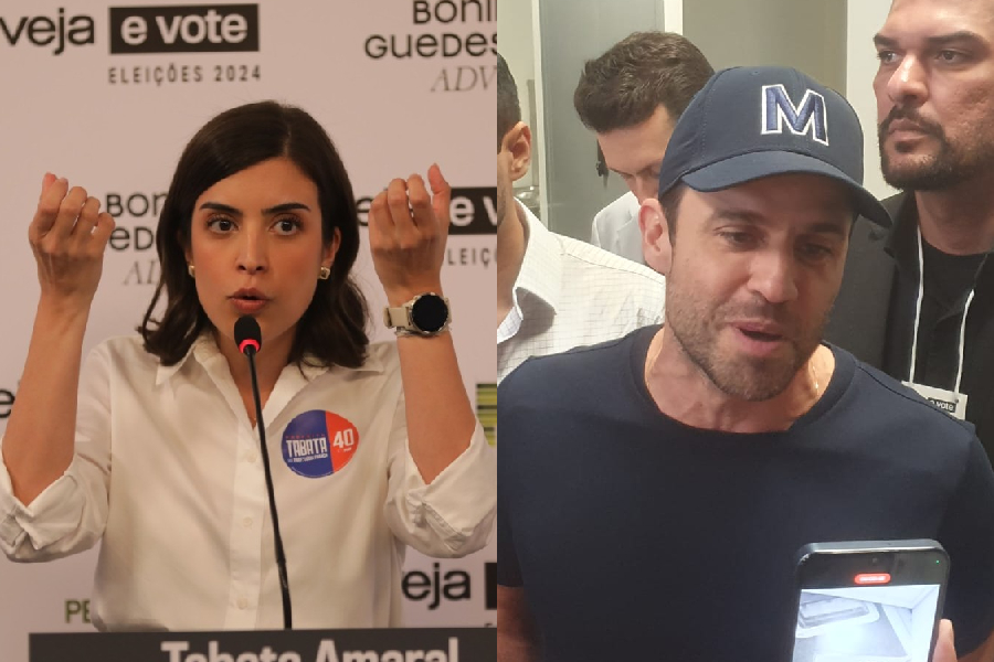 A deputada federal Tabata Amaral (PSB) e o coach Pablo Marçal (PRTB), candidatos à prefeitura de São Paulo, durante debate eleitoral promovido por VEJA