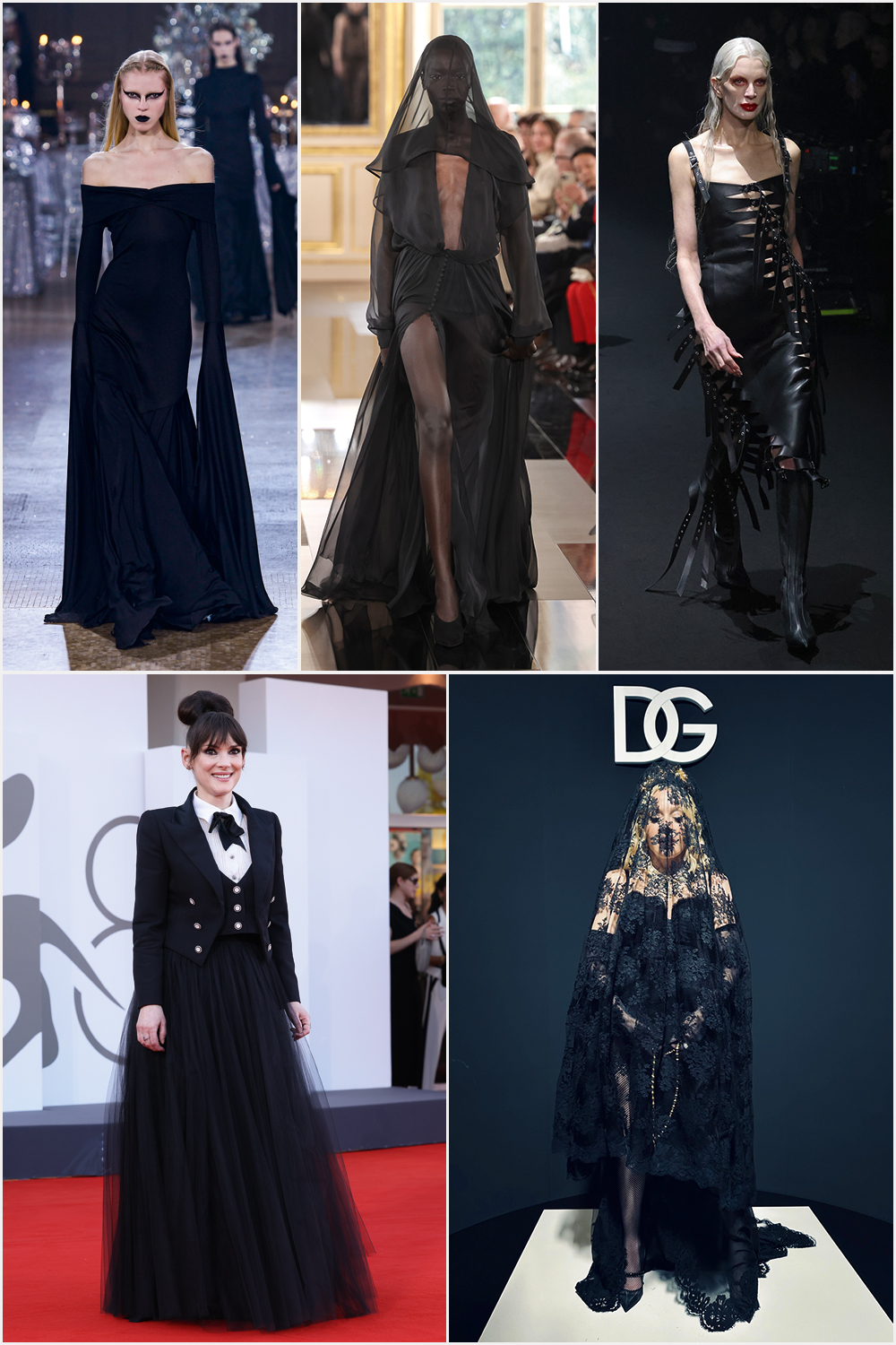 GettyImages-1464849879.jpg EM TODO LUGAR - Desfiles da Rodarte, Valentino e Mugler (acima, da esq. para a dir.), a atriz Winona Ryder (abaixo, à esq.), no Festival de Cinema de Veneza, e Madonna, no desfile da Dolce & Gabbana, em Milão: visual domina tanto as passarelas das semanas de moda quanto os tapetes vermelhos dos prêmios