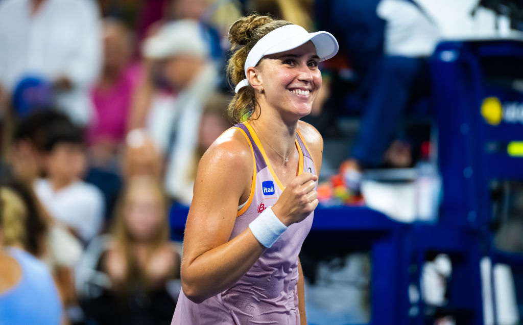 NEW YORK, NEW YORK - AUGUST 31: Beatriz Haddad Maia of Brazil celebrates defeating Anna Kalinskaya in the third round on Day 6 of the US Open at USTA Billie Jean King National Tennis Center on August 31, 2024 in New York City (Photo by Robert Prange/Getty Images)