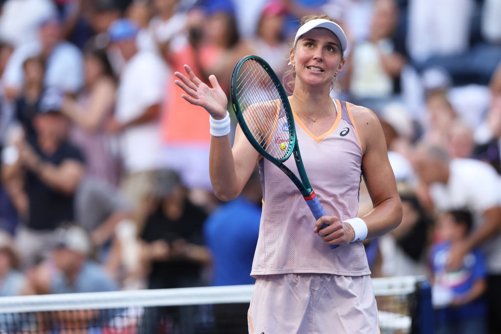 NEW YORK, NEW YORK - SEPTEMBER 02: Beatriz Haddad Maia of Brazil celebrates after defeating Caroline Wozniacki of Denmark in their Women's Singles Fourth Round match on Day Eight of the 2024 US Open at USTA Billie Jean King National Tennis Center on September 02, 2024 in the Flushing neighborhood of the Queens borough of New York City. (Photo by Matthew Stockman/Getty Images)