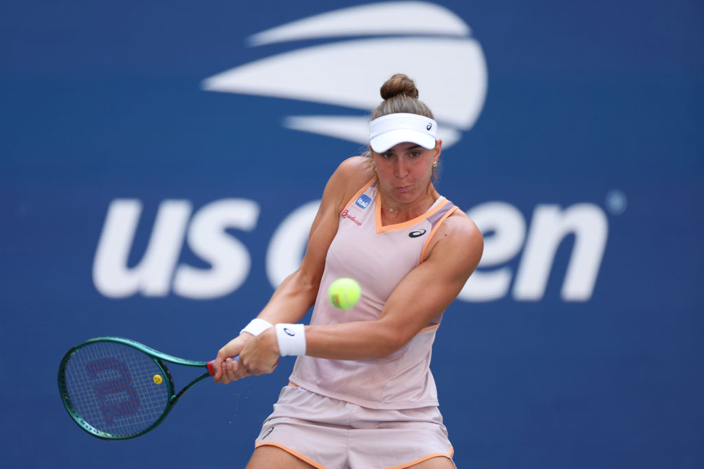 NEW YORK, NEW YORK - SEPTEMBER 04: Beatriz Haddad Maia of Brazil returns a shot against Karolina Muchova of the Czech Republic during their Women's Singles Quarterfinal match on Day Ten of the 2024 US Open at USTA Billie Jean King National Tennis Center on September 04, 2024 in the Flushing neighborhood of the Queens borough of New York City. (Photo by Sarah Stier/Getty Images)