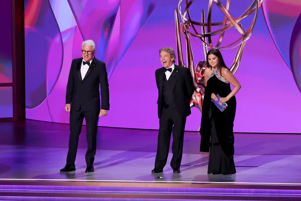 LOS ANGELES, CALIFORNIA - SEPTEMBER 15: (L-R) Steve Martin, Martin Short, and Selena Gomez speak onstage during the 76th Primetime Emmy Awards at Peacock Theater on September 15, 2024 in Los Angeles, California. (Photo by Leon Bennett/WireImage)