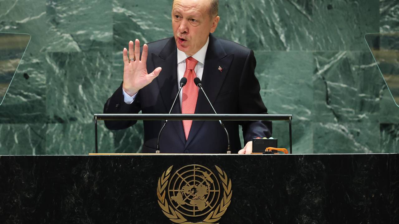O presidente da Turquia, Recep Tayyip Erdogan, discursa durante a Assembleia Geral das Nações Unidas (AGNU), em Nova York. 24/09/2024
