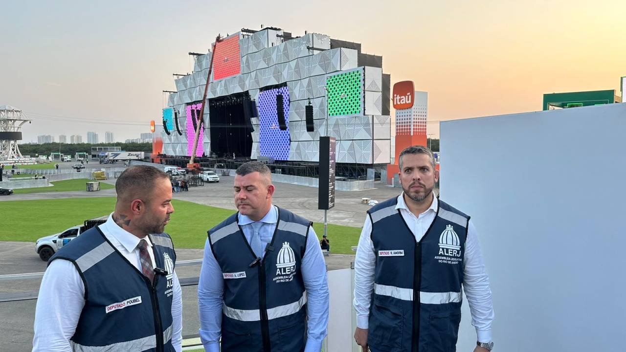 Filippe Poubel, Alan Lopes e Rodrigo Amorim: deputados integrantes da CPI da Transparência, na Alerj, fizeram vistoria no Rock in Rio