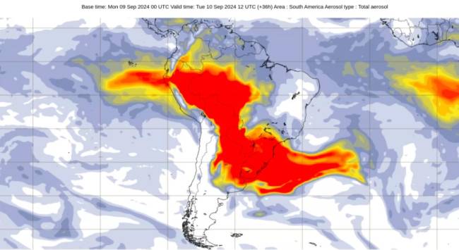 Terça-feira: Fumaça castiga toda a região Sul, São Paulo, Rio de Janeiro, partes de Mato Grosso e Mato Grosso do Sul e o Norte