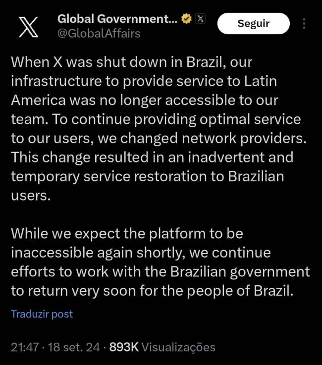 tweet-x-global-government-affairs-cloudflare Em publicação oficial, X alega que manobra que burlou bloqueio foi acidental e afirma que trabalha com autoridades para restaurar o acesso no Brasil