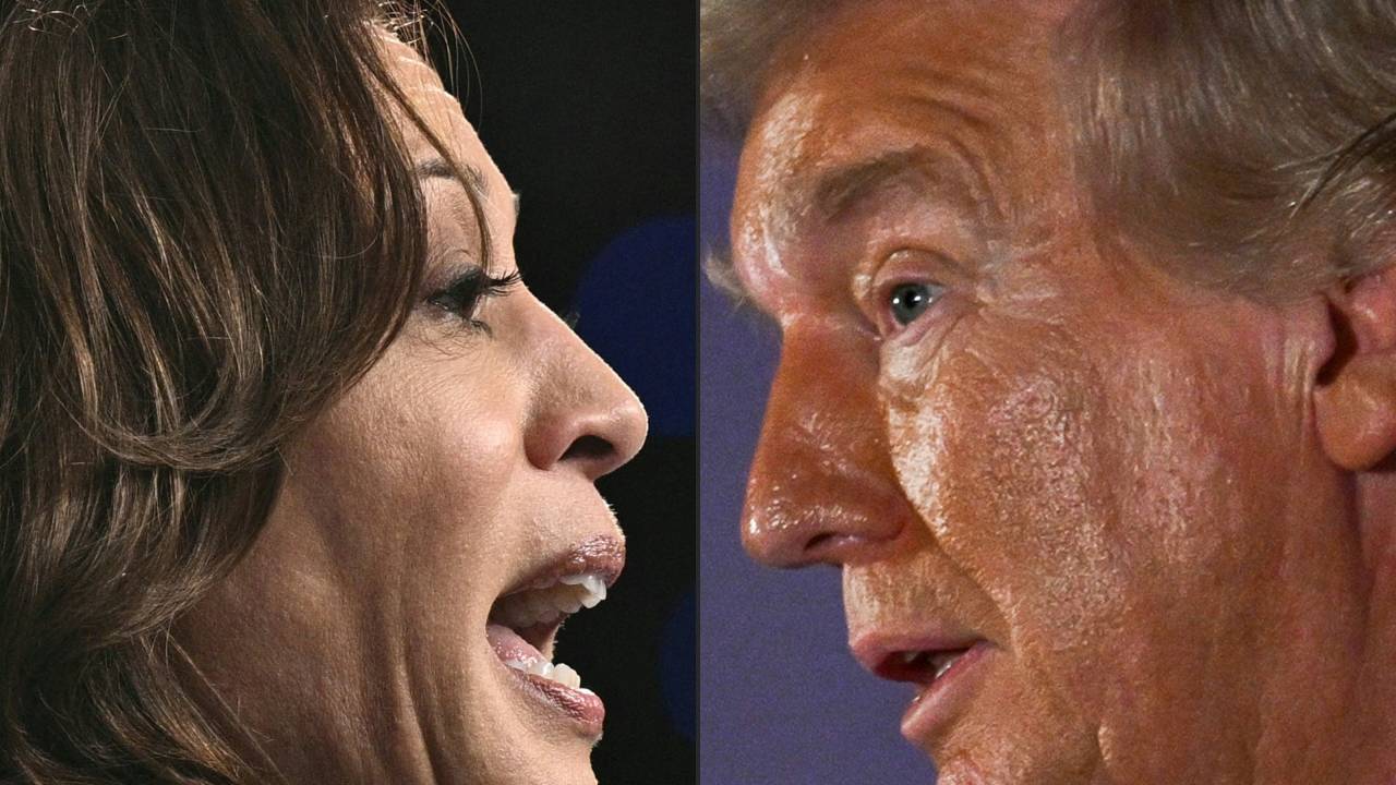 (COMBO) This combination of pictures created on October 16, 2024 shows US Vice President and Democratic presidential candidate Kamala Harris in Greenville, North Carolina, on October 13, 2024 and former US President and Republican presidential candidate Donald Trump in Miami, Florida, on October 7, 2024. Kamala Harris went after her US presidential election rival Donald Trump's mental state and fitness for office Tuesday after the 78-year-old Republican's televised town hall veered into a surreal, impromptu music session. (Photo by Brendan SMIALOWSKI and CHANDAN KHANNA / AFP)