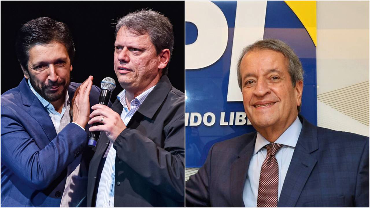 À DIREITA - Nunes, com Tarcísio de Freitas, e Valdemar Costa Neto, do PL: avanços entre o eleitorado conservador