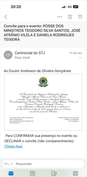 Andreson posse STJ1 Convite enviado ao lobista Andreson Gonçalves para posse no STJ