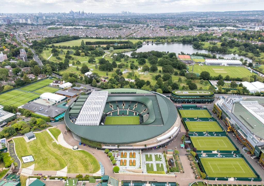 WIMBLEDON - ENGLAND - JUNE 18: An aerial view of Wimbledon's Centre and Number one courts as the ground prepares for this years tournament, June 18, 2024 in London, United Kingdom. (Photograph By Chris Gorma/Getty Images)