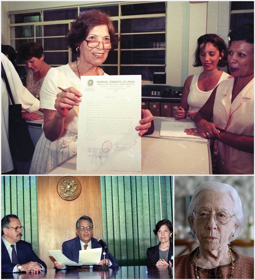 SPC409938 REPARAÇÃO - Eunice com o atestado de óbito do marido (acima) e com Fernando Henrique (à esq.), e Fernanda Montenegro no filme: a importância da memória