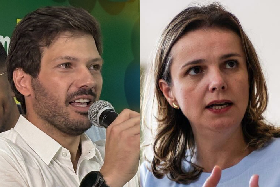 O deputado estadual Tiago Amaral (PSD) e a secretária municipal de Educação, Maria Tereza Paschoal (PP), candidatos à prefeitura de Londrina (PR) no segundo turno em 2024