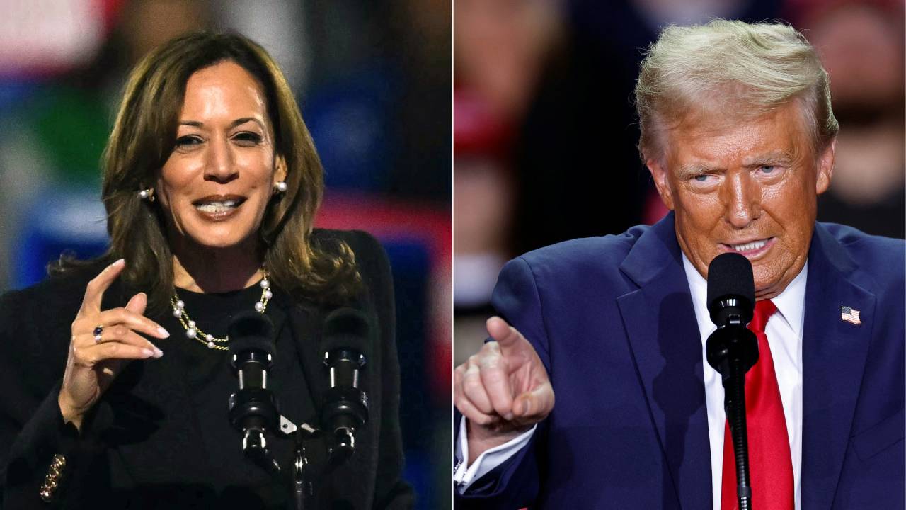 (COMBO) This combination of pictures created on November 04, 2024 shows US Vice President and Democratic presidential candidate Kamala Harris (L) speaks during a campaign rally on the Benjamin Franklin Parkway in Philadelphia, Pennsylvania on November 4, 2024, and former US President and Republican presidential candidate Donald Trump (R) speaks during a campaign rally at Van Andel Arena in Grand Rapids, Michigan on November 5, 2024. (Photo by ANGELA WEISS and KAMIL KRZACZYNSKI / AFP)