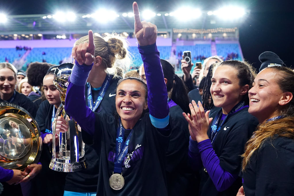 KANSAS CITY, MISSOURI - NOVEMBER 23: Marta #10 of the Orlando Pride celebrates after defeating the Washington Spirit 1-0 in the NWSL 2024 Championship Game at CPKC Stadium on November 23, 2024 in Kansas City, Missouri. (Photo by Kyle Rivas/Getty Images)