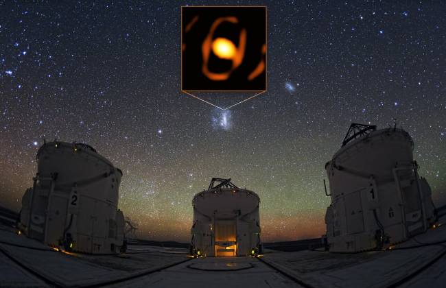 Location of the star WOH G64 in the Large Magellanic Cloud The Large Magellanic Cloud is a satellite galaxy to the Milky Way, located 160 000 light-years away from us. Despite the staggering distance, the GRAVITY instrument of the European Southern Observatory’s Very Large Telescope Interferometer (ESO’s VLTI), managed to take a closed-up picture of the giant star WOH G64. This image shows the location of the star within the Large Magellanic Cloud, with with some of the VLTI’s Auxiliary Telescopes in the foreground.