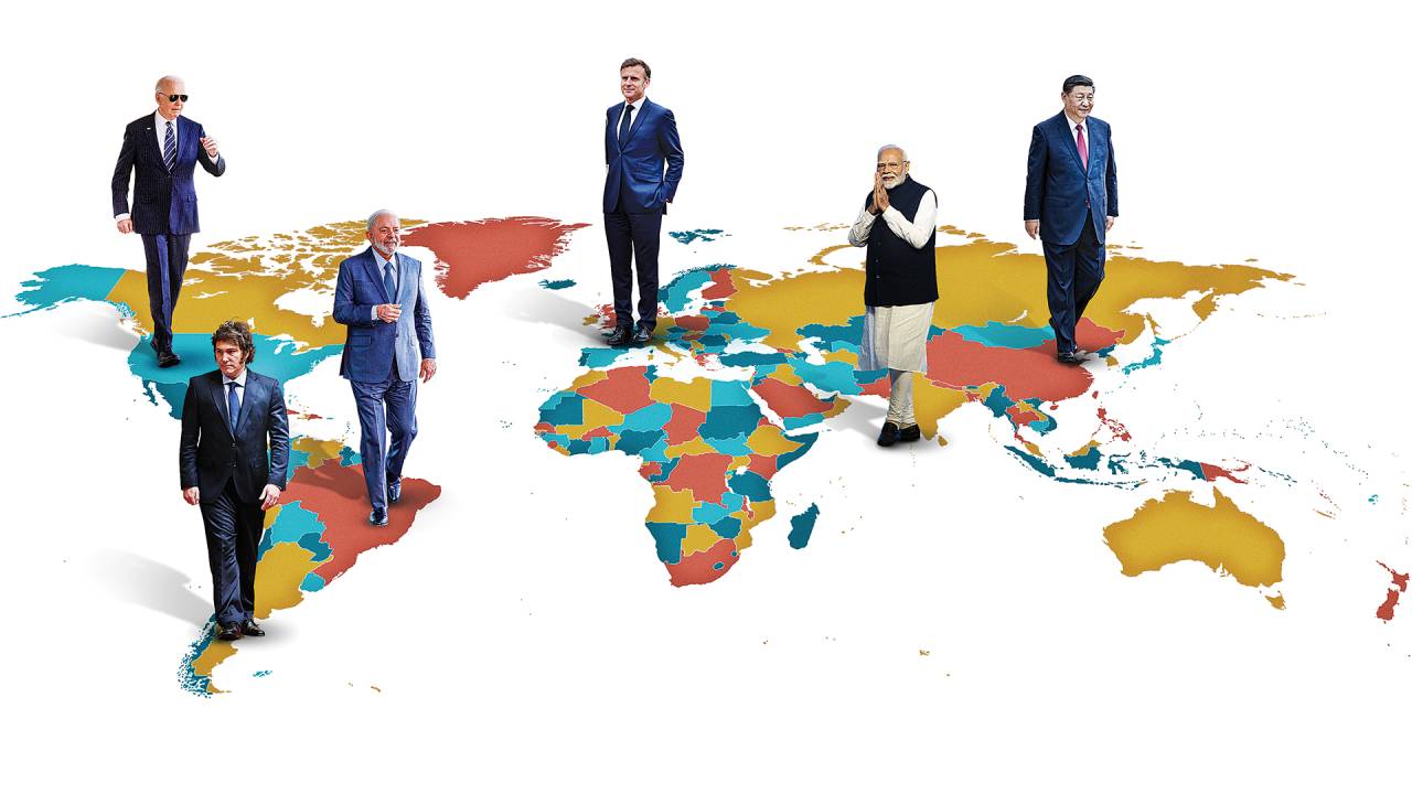 CADA UMA PARA UM LADO - Biden, Milei, Lula, Macron, Modi e Xi (da esq. para a dir.): a atual cúpula do G20 tem tudo para ser espelho de um mundo rachado pela polarização, com líderes desgastados e cercados de problemas