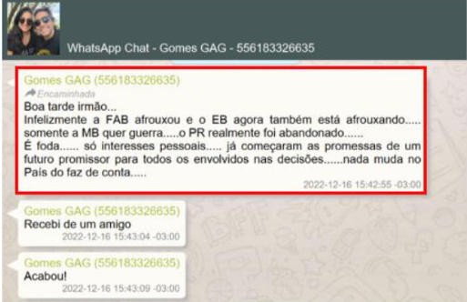 Conversa de WhatsApp entre o coronel Gustavo Gomes e o tenente-coronel Sérgio Cavaliere