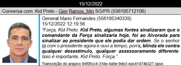 Mensagem enviada por Mario Fernandes a Luiz Eduardo Ramos em 15 de dezembro de 2022.