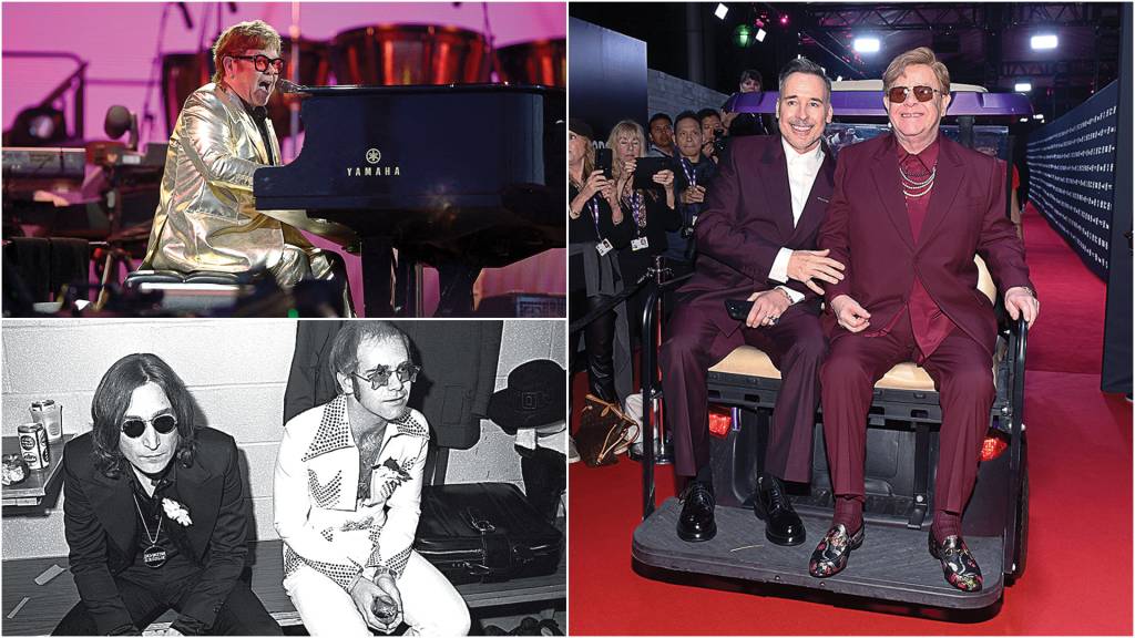 000_33KZ9AC VIDA AGITADA - Três momentos de Elton: acima, tocando seu piano na turnê de despedida, no ano passado; à esq., em 1974, nos bastidores de show com John Lennon; à dir., com o marido David Furnish, com quem está casado desde 2014: carreira cheia de êxitos, problemas com drogas e aposentadoria aos 77
