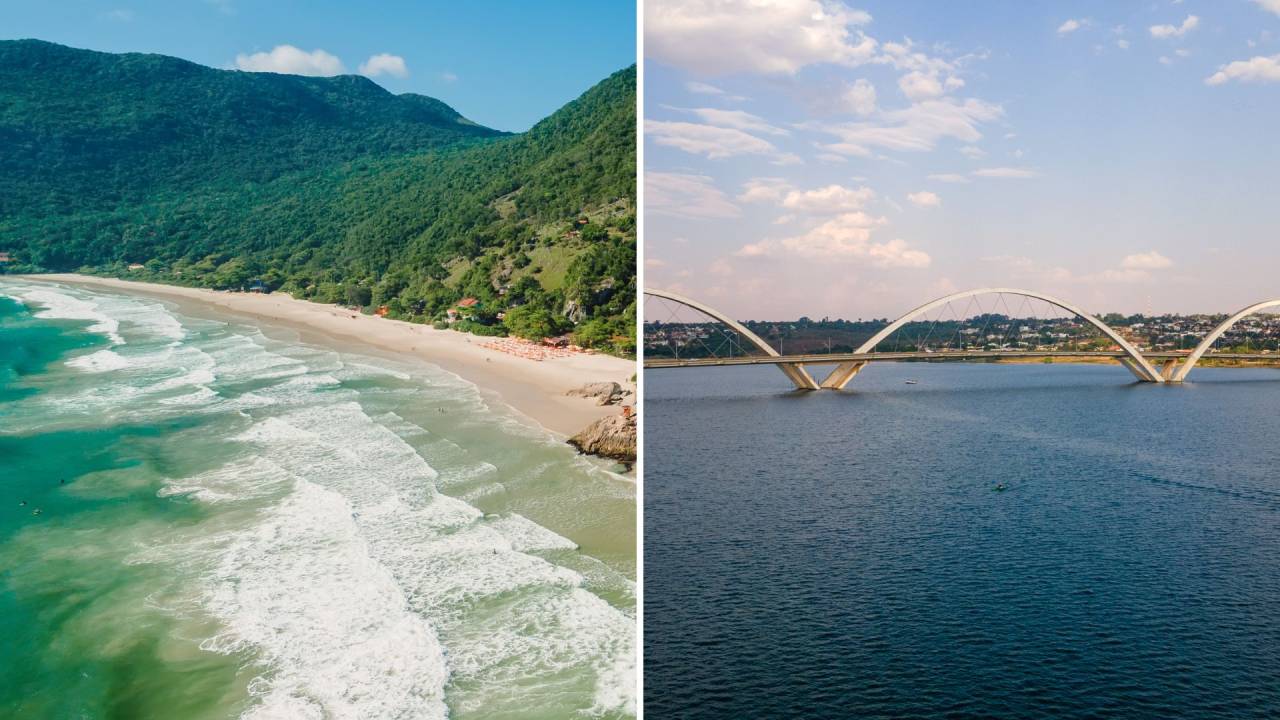 Praia do Matadeiro, em Florianópolis, e Ponte JK, no Lago Paranoá, em Brasília