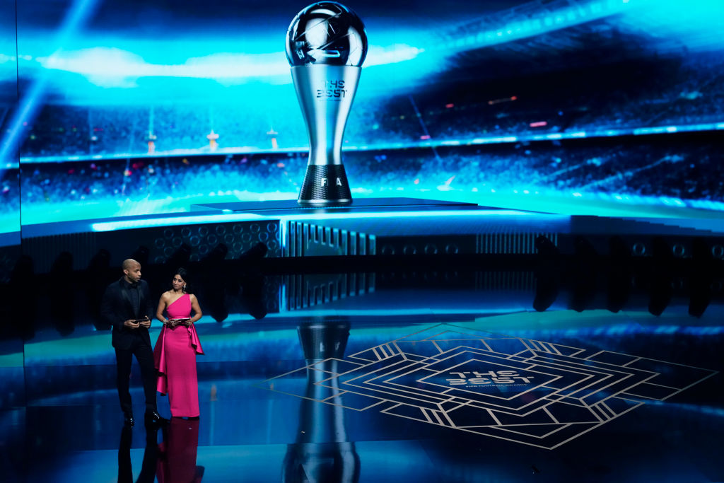 LONDON, ENGLAND - JANUARY 15: Presenters, Thierry Henry and Reshmin Chowdhury, speak during The Best FIFA Football Awards 2023 at The Apollo Theatre on January 15, 2024 in London, England. (Photo by Jose Breton/Pics Action/NurPhoto via Getty Images)