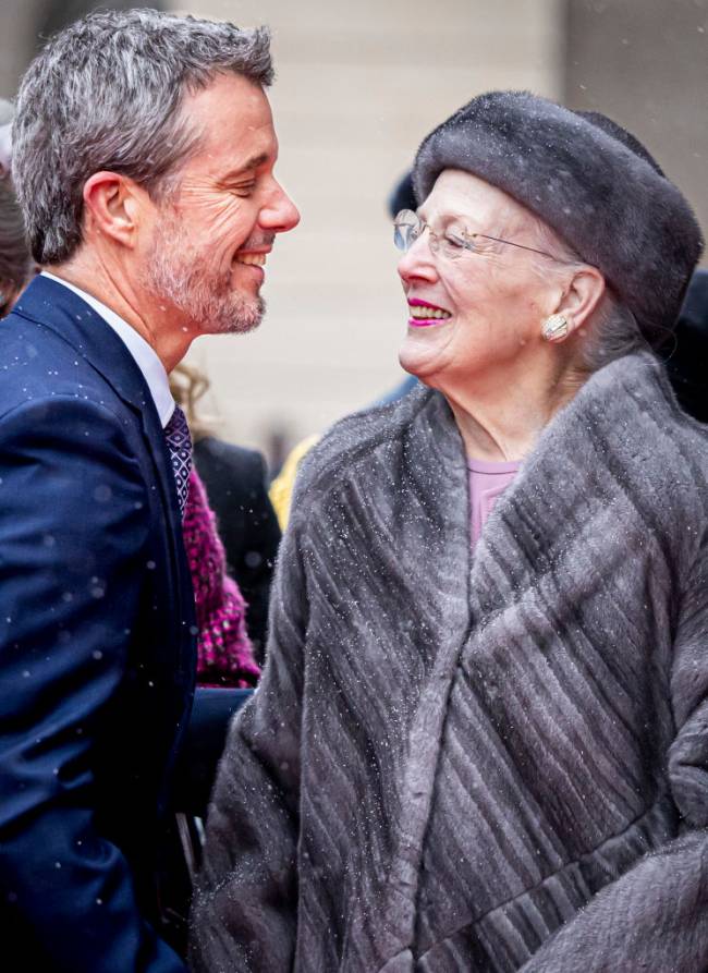 Danish Royal Family Received In Danish Parliament COPENHAGEN, DENMARK - JANUARY 15: King Frederik X of Denmark and Queen Margrethe of Denmark attend the Danish Parliament's celebration of the succession of the throne at Danish Parliament on January 15, 2024 in Copenhagen, Denmark. King Frederik X is succeeding Queen Margrethe II, who has stepped down after reigning for 51 years. (Photo by Patrick van Katwijk/Getty Images)