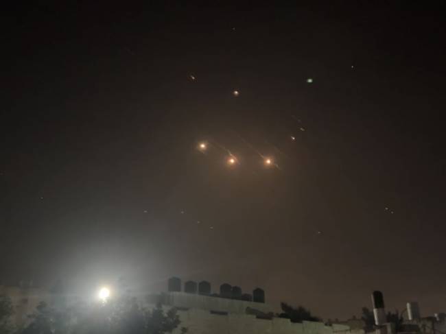 Explosions continue in skies above Jerusalem JERUSALEM - APRIL 14: Explosions are seen in the skies of Jerusalem, following the attack from Iran on April 14, 2024. (Photo by Mohammad Hamad/Anadolu via Getty Images)