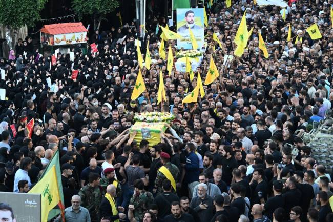 Funeral for the victims of the explosion of pagers in Lebanon BEIRUT, LEBANON - SEPTEMBER 18: Funeral ceremony held for 4 people who were killed in Lebanon when pagers used by Hezbollah members were detonated, in Dahiyeh neighborhood, south of the capital Beirut, Lebanon on September 18, 2024. (Photo by Houssam Shbaro/Anadolu via Getty Images)