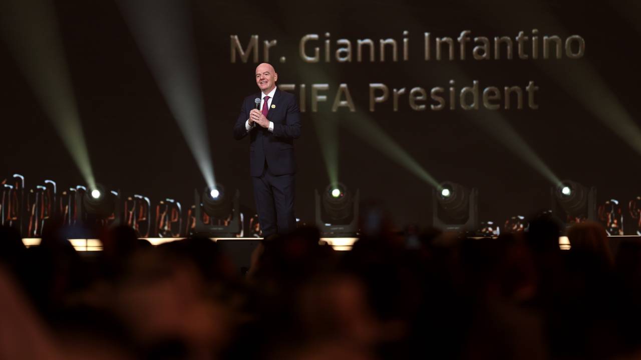 DOHA, QATAR - DECEMBER 17: Gianni Infantino, President of FIFA, speaks during the FIFA: The Best Awards at Aspire Academy on December 17, 2024 in Doha, Qatar. (Photo by Christopher Pike - FIFA/FIFA via Getty Images)