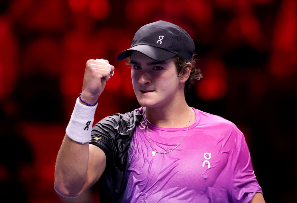 JEDDAH, SAUDI ARABIA - DECEMBER 20: Joao Fonseca of Brazil celebrates victory over Jakub Mensik of Czech Republic during the Men's Singles Group Stage match on day three of the Next Gen ATP Finals presented by PIF at King Abdullah Sports City on December 20, 2024 in Jeddah, Saudi Arabia. (Photo by Francois Nel/Getty Images)