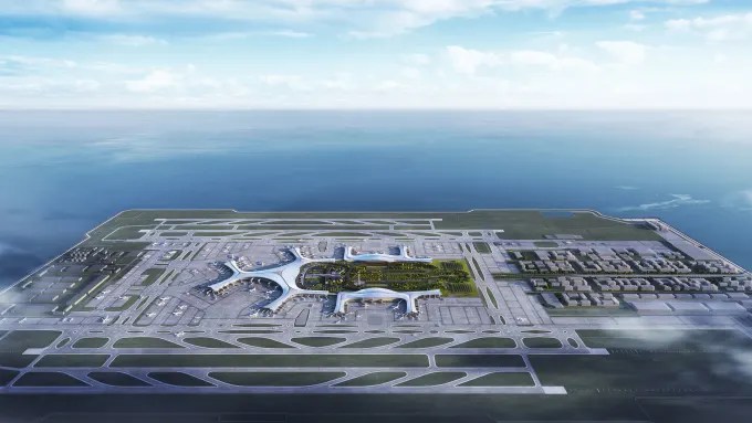Representação artística do Aeroporto Internacional de Dalian Jinzhou Bay, em construção na China.