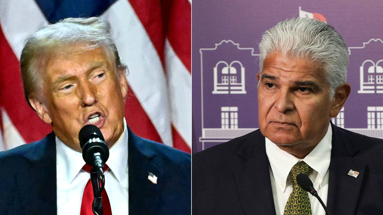 (FILES) (COMBO) This combination of file pictures created on December 22, 2024 shows then former US President and Republican presidential candidate Donald Trump (L) during an election night event at the West Palm Beach Convention Center in West Palm Beach, Florida, on November 6, 2024, and Panama's President Jose Raul Mulino during a press conference on migration at the Presidential Palace in Panama City on December 19, 2024. Donald Trump has not yet returned to the White House but is already thrusting himself to the front of international stage as he once again shatters diplomatic niceties. As only the second former president elected to a non-consecutive term, Trump is at least a known quantity to world leaders. Even his knack for unpredictable behavior is predictable. (Photo by Jim WATSON and Armando ACEVEDO / AFP) / RESTRICTED TO EDITORIAL USE - NO MARKETING - NO ADVERTISING CAMPAIGNS - DISTRIBUTED AS A SERVICE TO CLIENTS