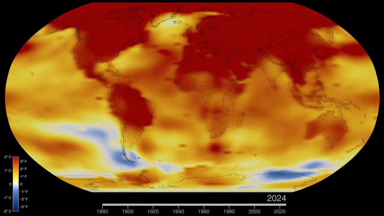 Mapa de calor na Nasa: As temperaturas normais são mostradas em branco, as temperaturas mais altas do que o normal em vermelho e laranja e as temperaturas mais baixas do que o normal em azul -