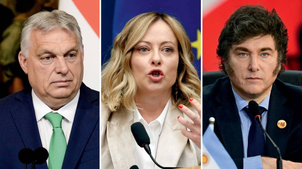 654364365365 TURMA - Orbán, Meloni e Milei (da esq. para a dir.): o “arco da direita” forma uma espécie de “internacional trumpista”