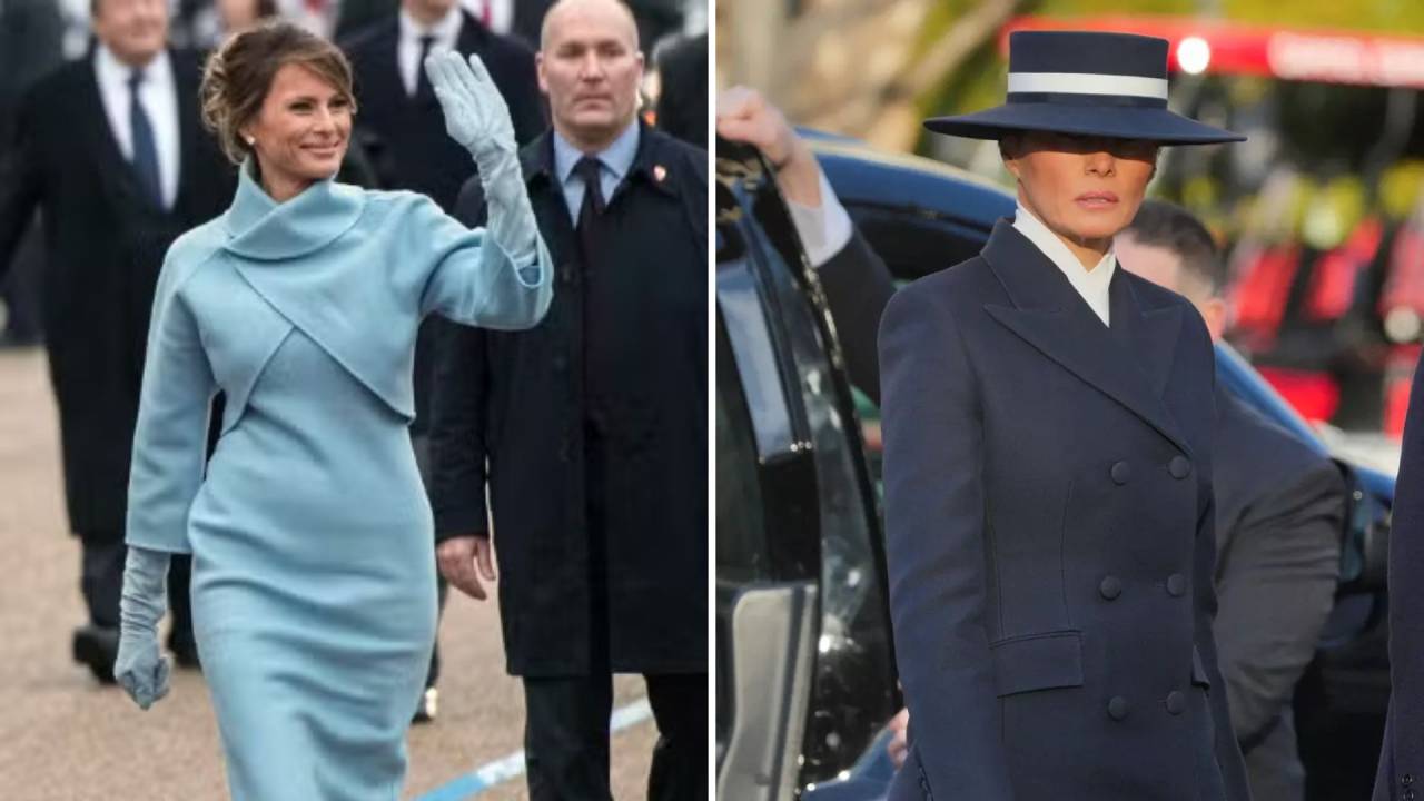 Melania Trump na primeira posse de Trump, em 2017, e em 2025