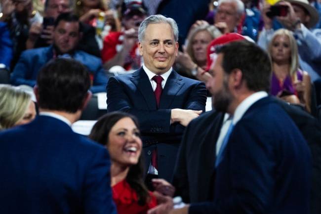 UNITED STATES - JULY 15: David Sacks, a venture capitalist, and Sen. JD Vance, R-Ohio, right, vice presidential nominee, are seen in Fiserv Forum on the first day of Republican National Convention in Milwaukee, Wis., on Monday, July 15, 2024. (Tom Williams/CQ-Roll Call, Inc via Getty Images)