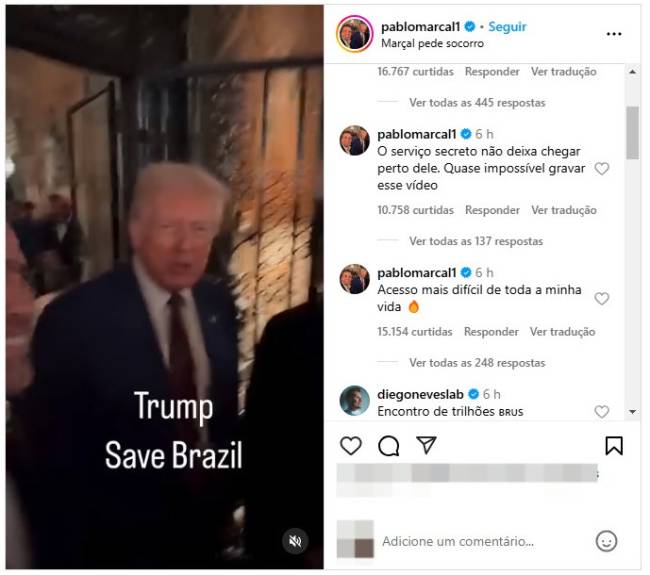 Publicação no Instagram de Pablo Marçal (PRTB) ao lado do presidente dos Estados Unidos, Donald Trump