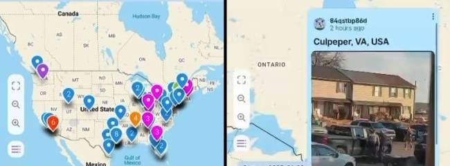 padlet-blitz-imigração-EUA Tela do aplicativo Padlet, com marcadores no mapa dos EUA onde há operações da polícia de imigração