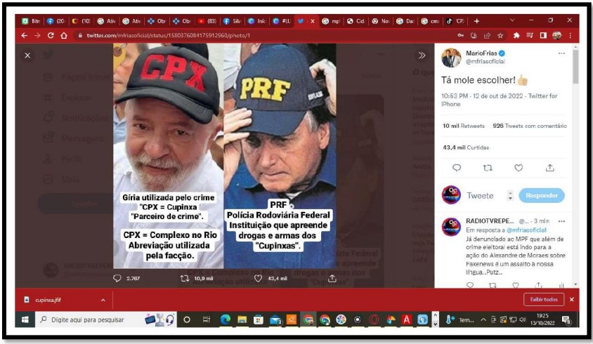 Captura de tela 2025-02-24 131020 Publicação em rede social associando Lula a facção criminosa rendeu uma ação penal a Mario Frias