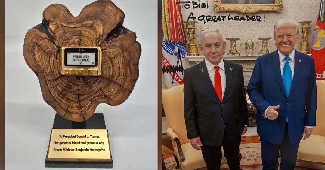 Pager dourado dado pelo primeiro-ministro de Israel, Benjamin Netanyahu (à esquerda); foto dos líderes dada pelo presidente dos Estados Unidos, Donald Trump (à direita). 06/02/2025