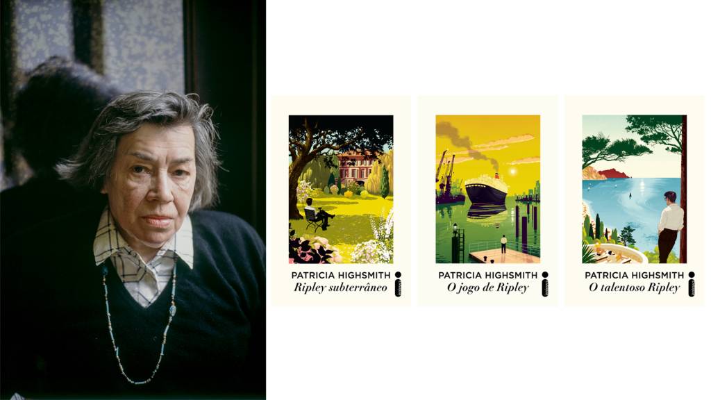 GettyImages-1353764866.jpg CRIADORA - Highsmith e as capas dos três títulos relançados no país: tão enigmática quanto seu personagem