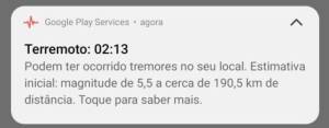 Alerta de terremoto .Alerta de terremoto enviado para dispositivo Android na região central da capital de São Paulo