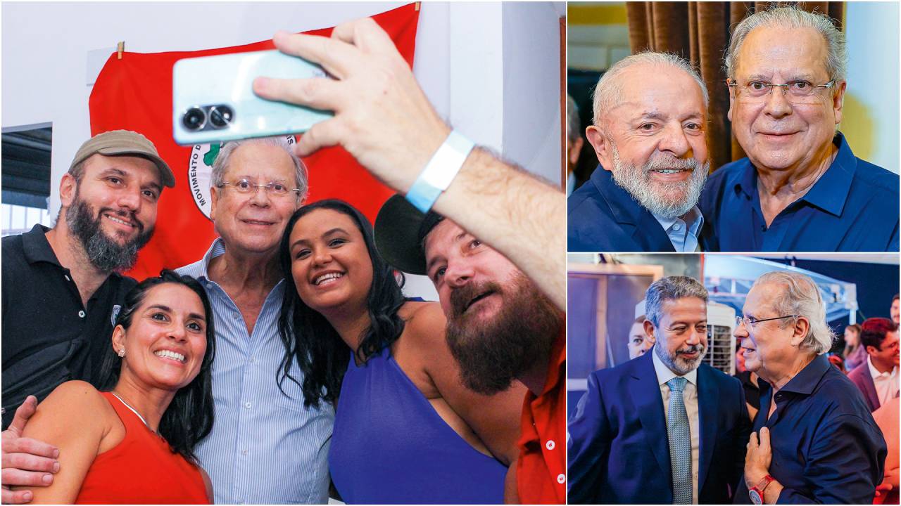 AGENDA LOTADA - O ex-ministro em sua peregrinação política nos últimos dias: com militantes durante feijoada em espaço do MST em São Paulo (à esq.); com Lula na casa de Marta Suplicy (no alto), também na capital paulista; e em sua festa de aniversário em Brasília com o ex-presidente da Câmara Arthur Lira