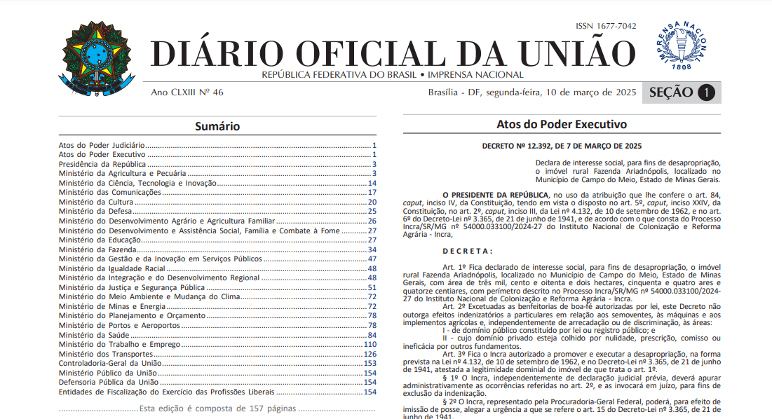 Primeira página do Diário Oficial da União desta segunda-fera, 10 de março de 2025